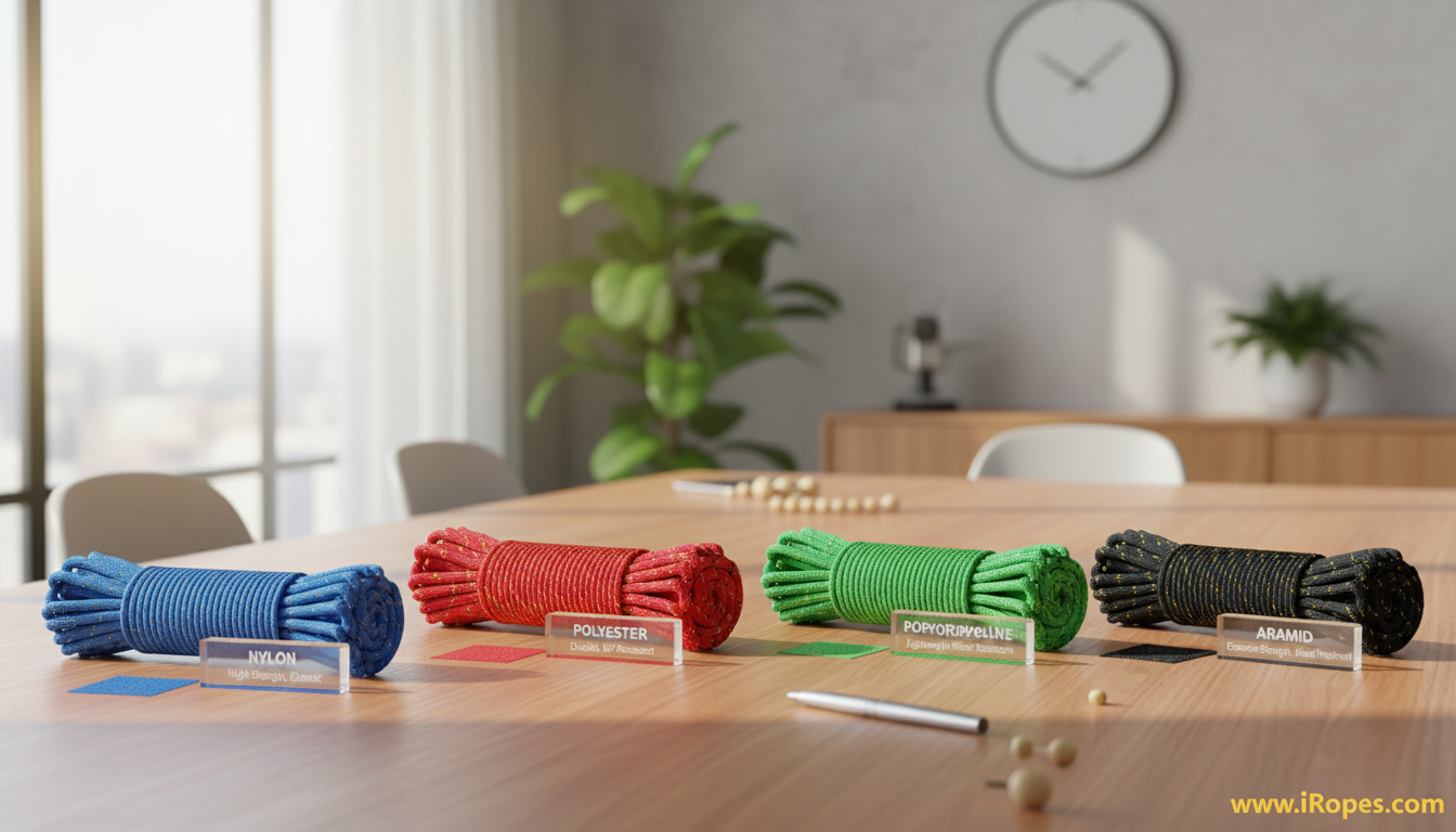 Comparison of four rope materials—nylon, polyester, polypropylene, aramid—displayed as colour swatches and performance icons