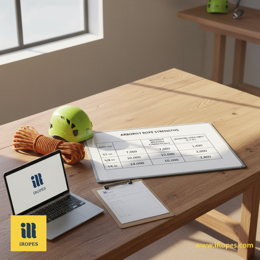 Chart showing Minimum Breaking Strength for ½‑in, 5/8‑in and ¾‑in arborist ropes, with corresponding Working Load Limits after applying a 5:1 safety factor