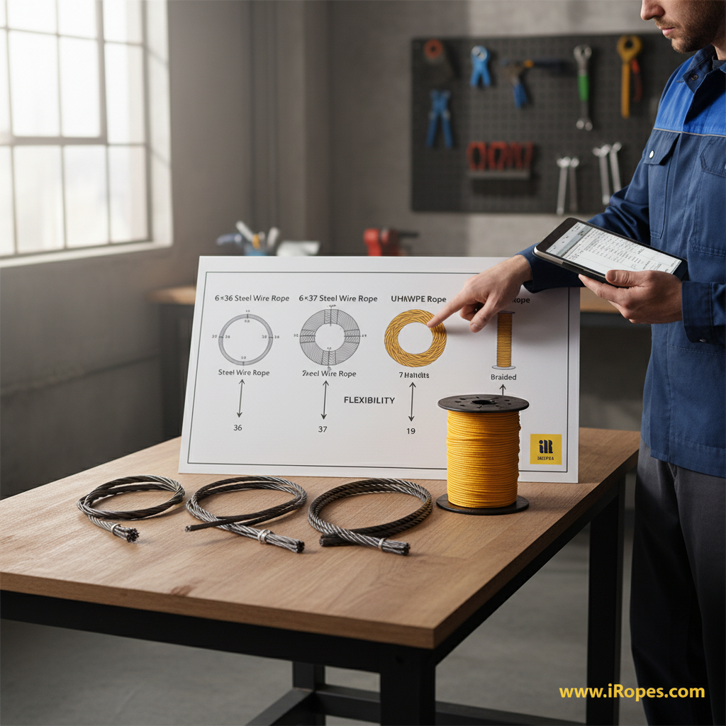 Діаграма, що порівнює конструкції сталевих канатів 6×36, 6×37 та 7×19 з UHMWPE канатом, підкреслюючи кількість жилок та гнучкість