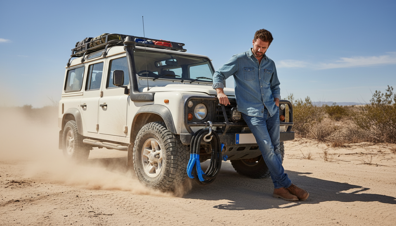 High‑tensile nylon rope coiled beside a 4‑wheel‑drive SUV on a dusty trail, showcasing its bright orange colour and reflective stitching