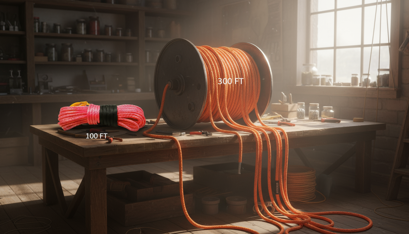 A bright orange 300 foot synthetic winch rope draped over a 15‑inch drum, showing the extended length compared with a shorter coil