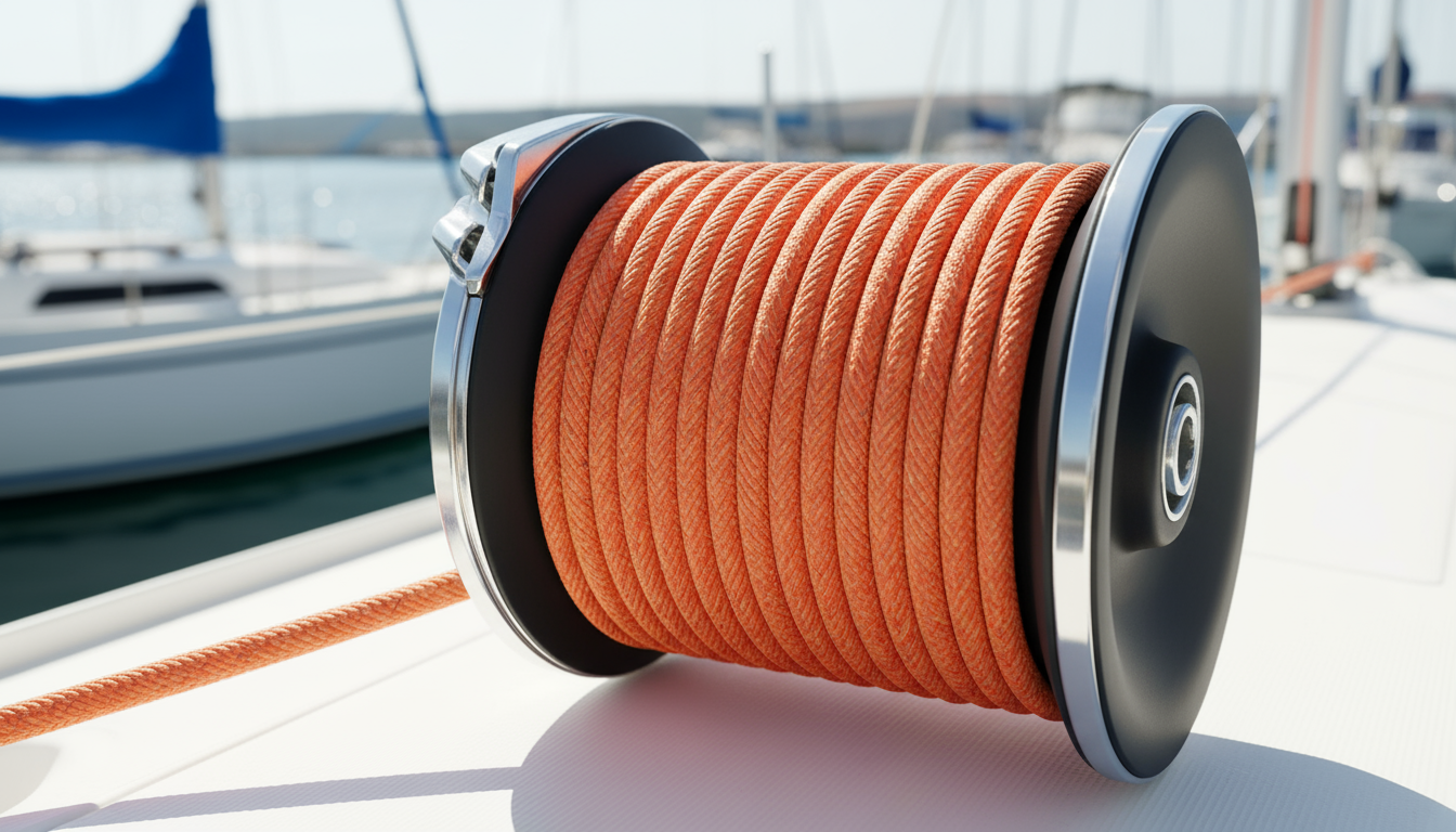 Boat winch drum with new synthetic rope installed, showing correct diameter and tension