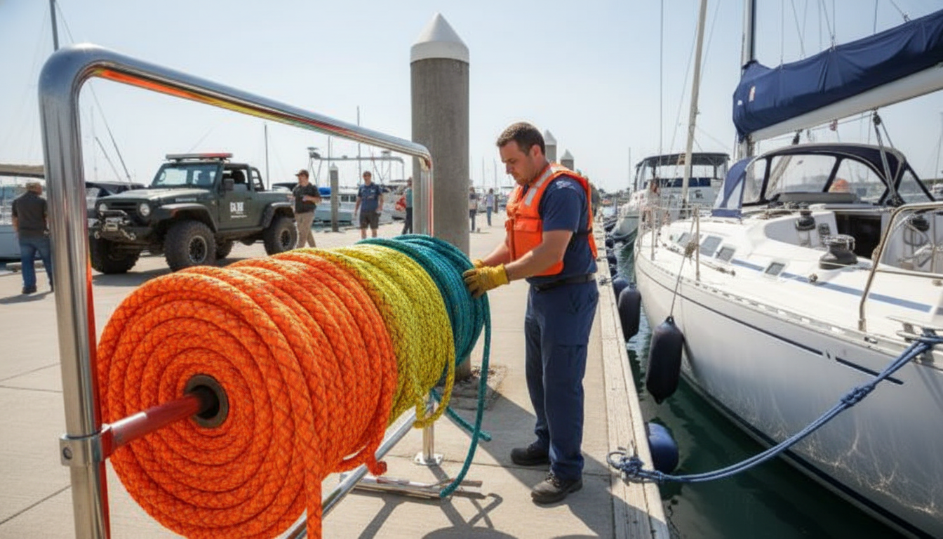 Spools of neon orange, bright yellow and teal coloured nylon rope displayed beside a marine dock, highlighting UV‑stable dye