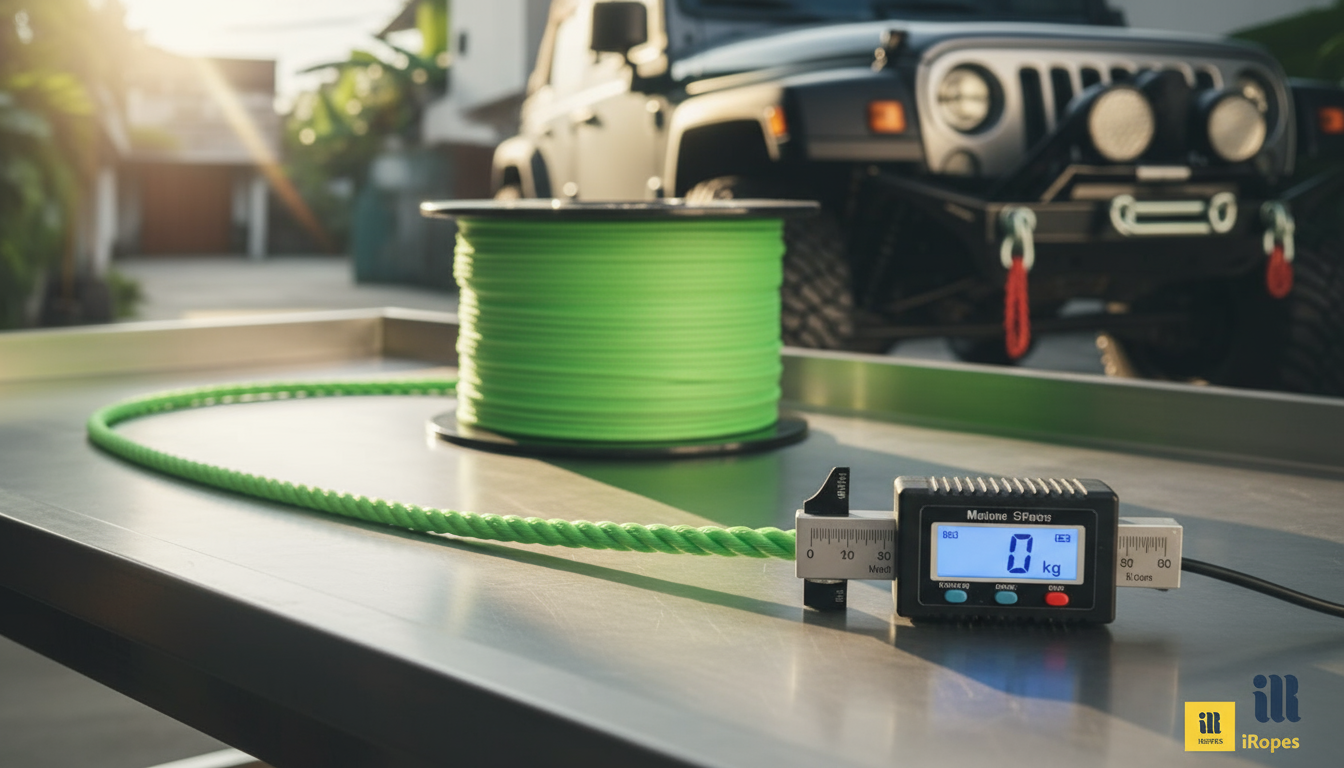Close‑up of a 9.5 mm green winch rope laid beside a calibrated load cell, illustrating its smooth surface and bright lime colour.