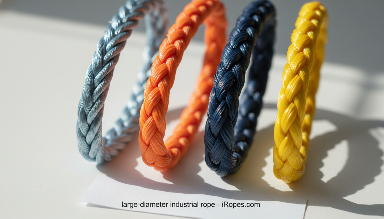 Close-up of synthetic rope fibres showing Dyneema, polyester, nylon, and polypropylene strands arranged side by side, highlighting colour differences and texture