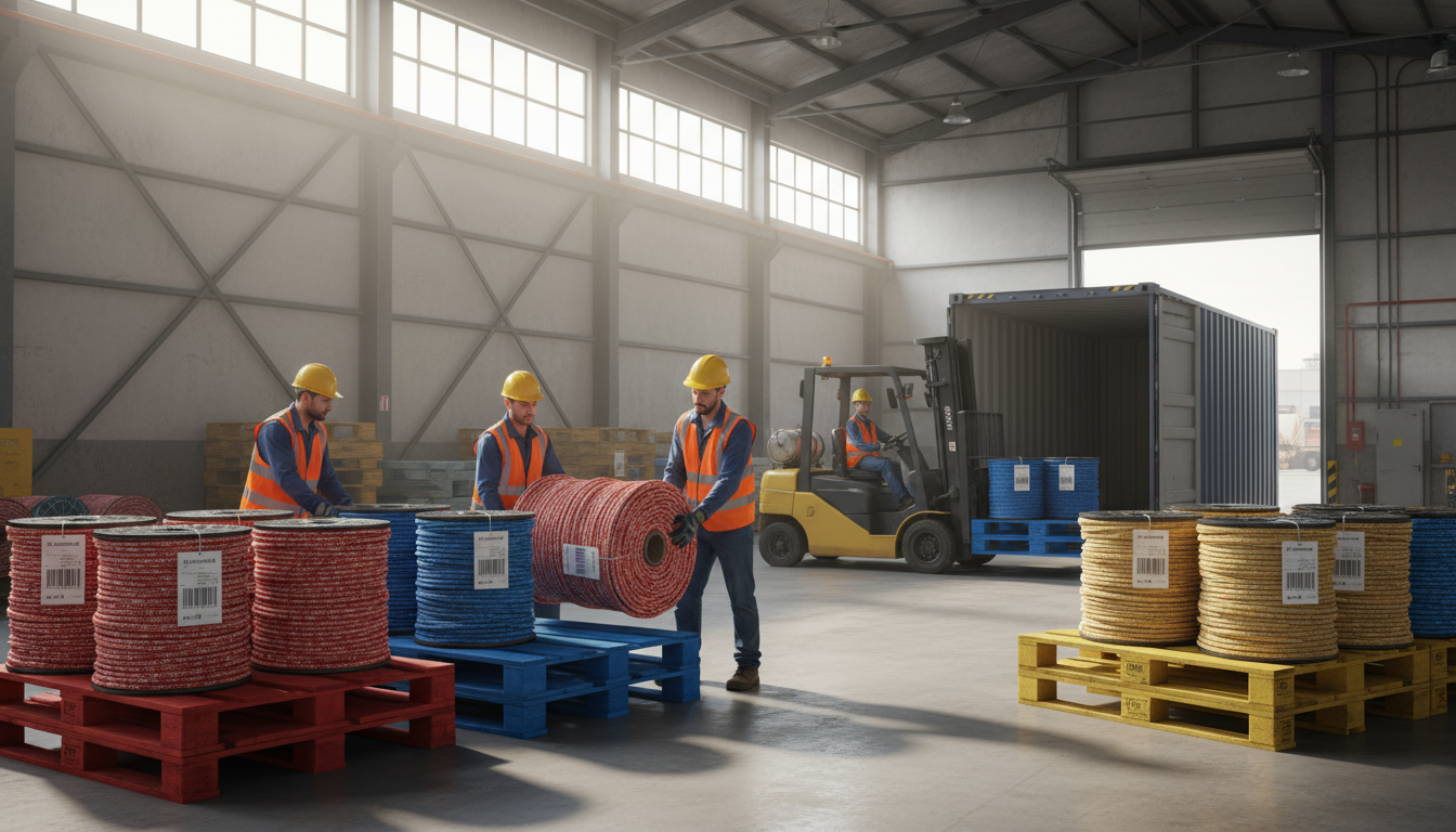 Warehouse staff preparing bulk sisal rope rolls for shipment, showcasing colour-coded pallets ready for export