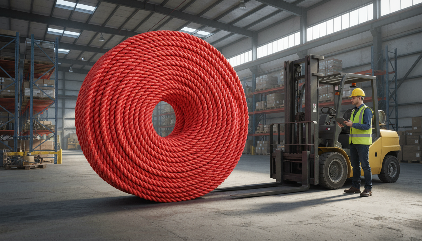 Thick coil of large nylon rope, 2‑inch diameter, showing glossy synthetic fibres and UV‑coated surface