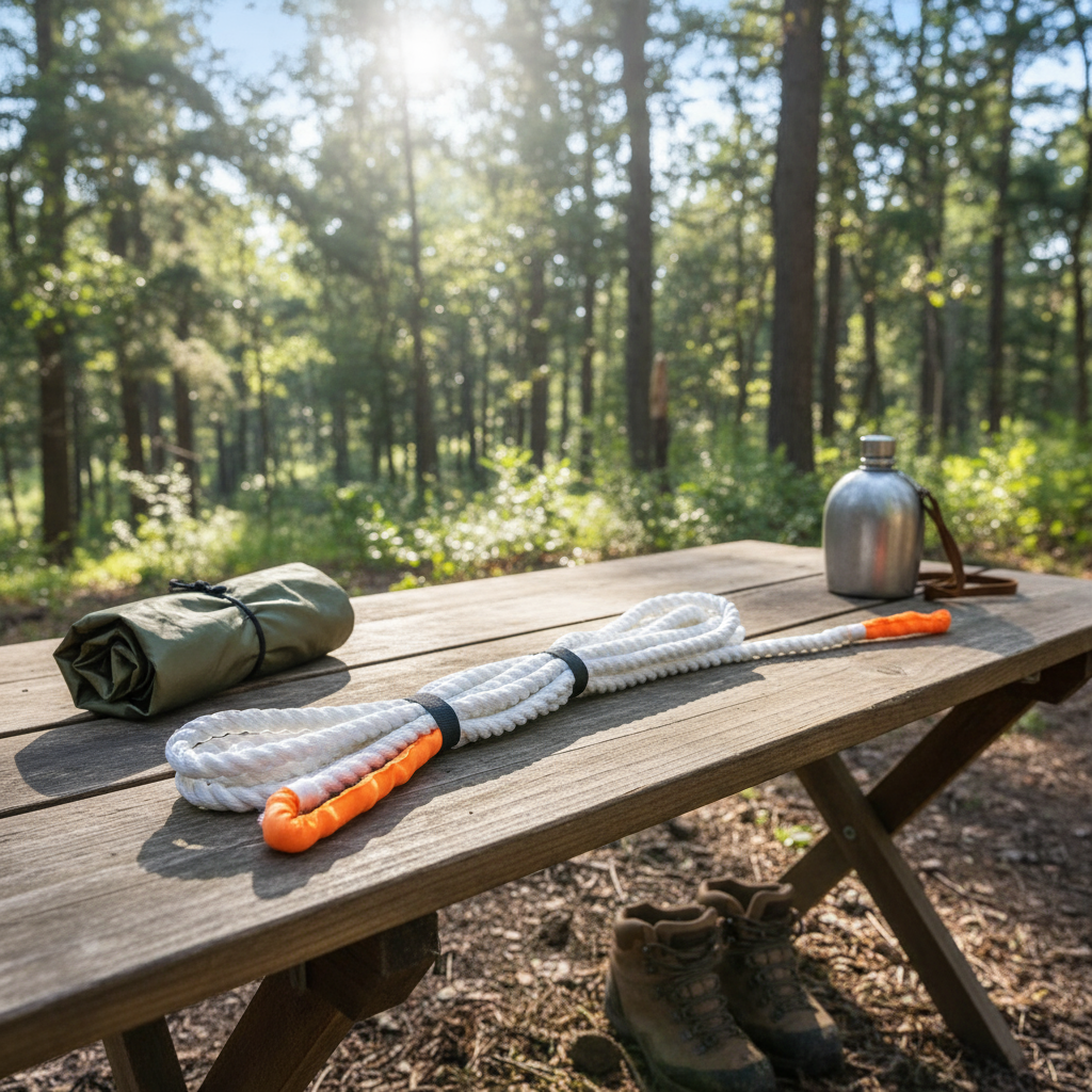 Bright 100% twisted white nylon rope laid out on a campsite table, showing its lightweight texture and high visibility