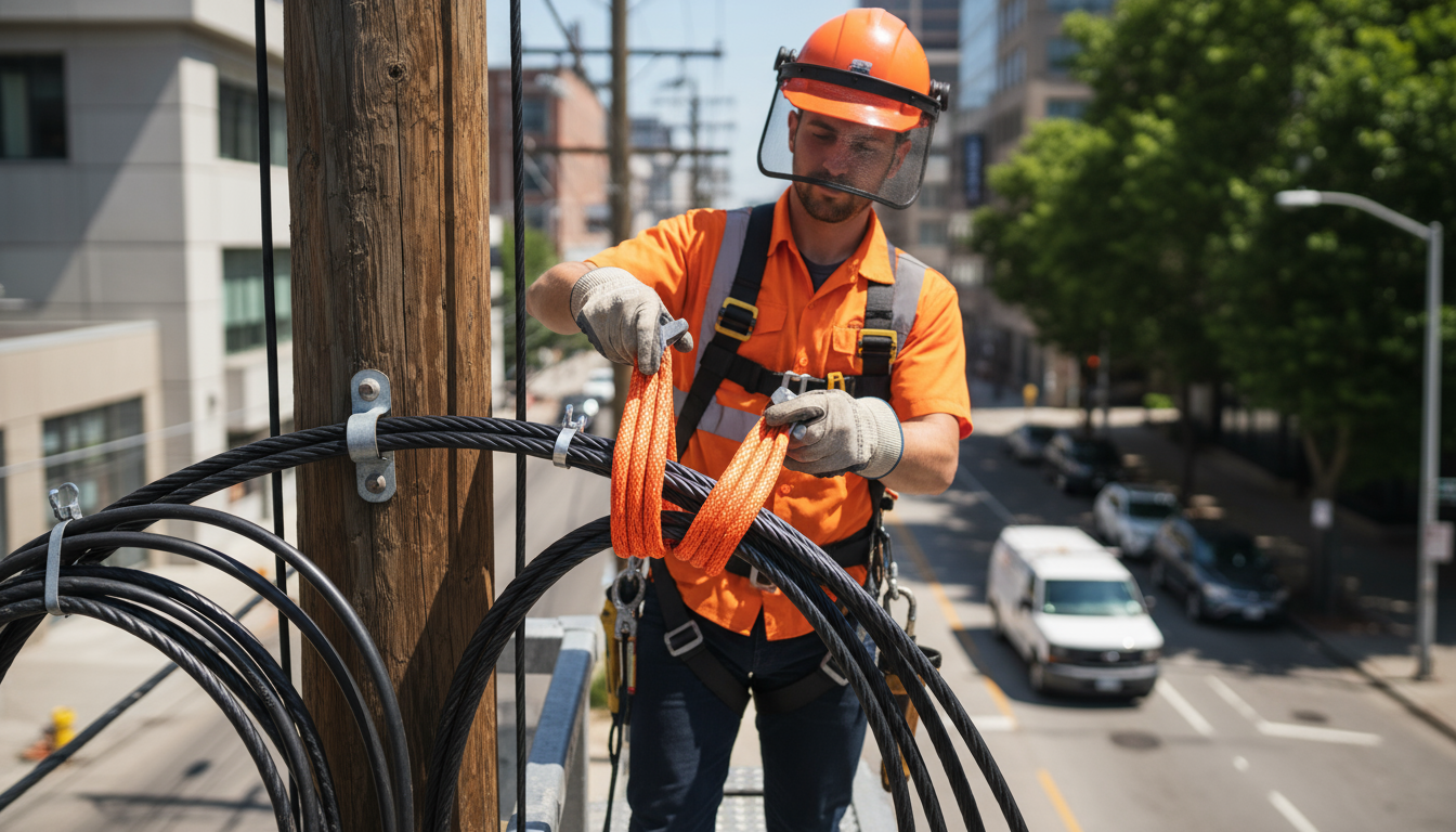Technora aramid Yale Grip clamped on a telecom cable, showing the four‑leg design and bright orange colour for high visibility