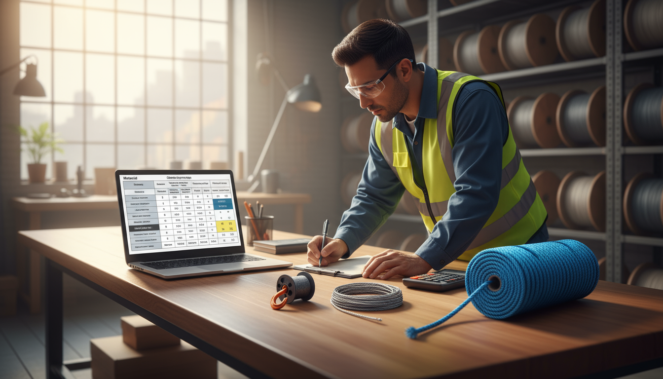 Comparison chart showing breaking strength and price per foot for UHMWPE, steel and Dyneema winch ropes across several diameters