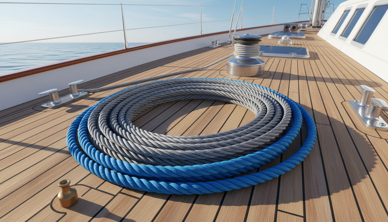 Coiled 16 mm steel 6×19 wire rope beside a blue polyester mooring line on a yacht deck, highlighting texture and colour contrast