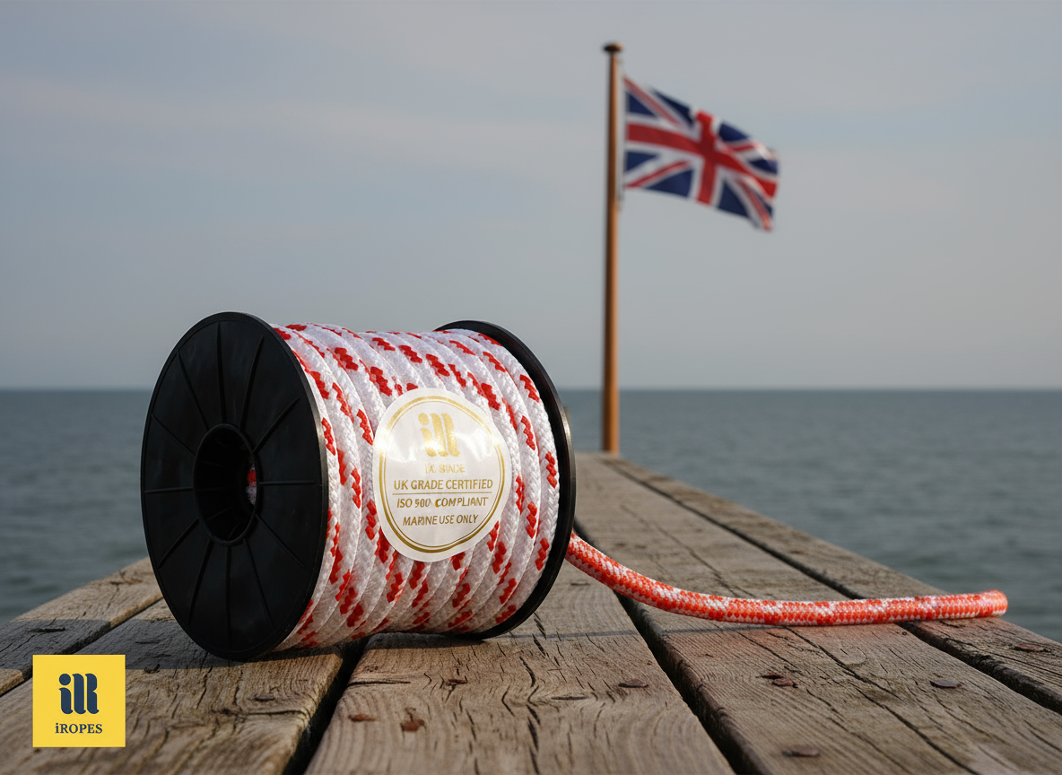 Coiled marine rope on a dock with a Union Jack flag backdrop, showcasing the rope's bright orange sheath and UK‑grade certification label