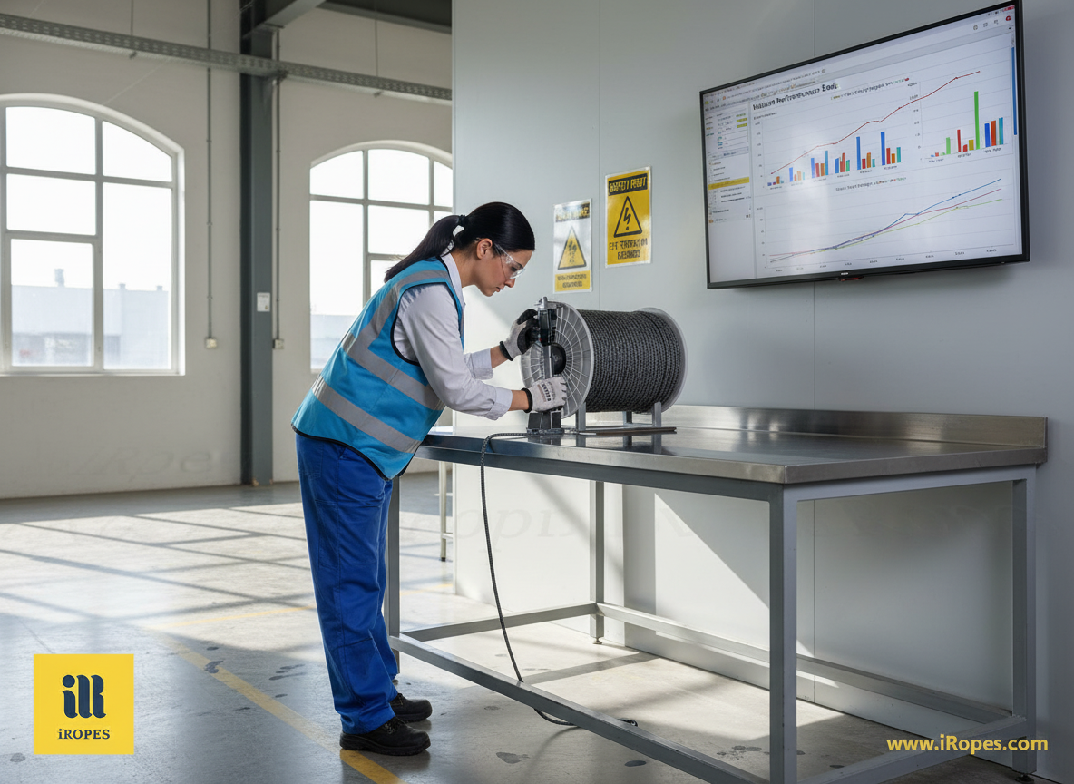 Quality engineer examines a spool of high‑performance aramid rope in a bright factory, with performance charts displayed on a monitor
