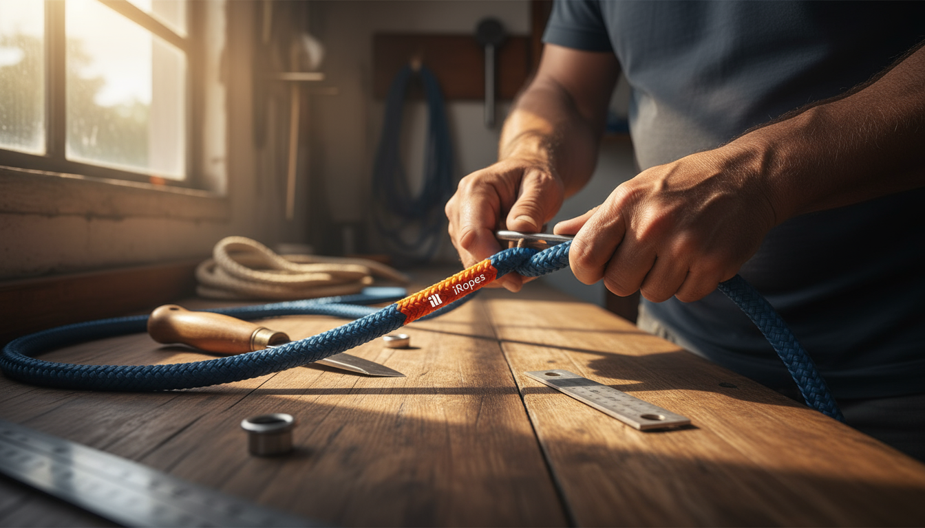 Close‑up of a custom 10mm polyester rope being spliced, showing the dark blue double‑braid, reflective stitching and a bright orange colour segment for branding.