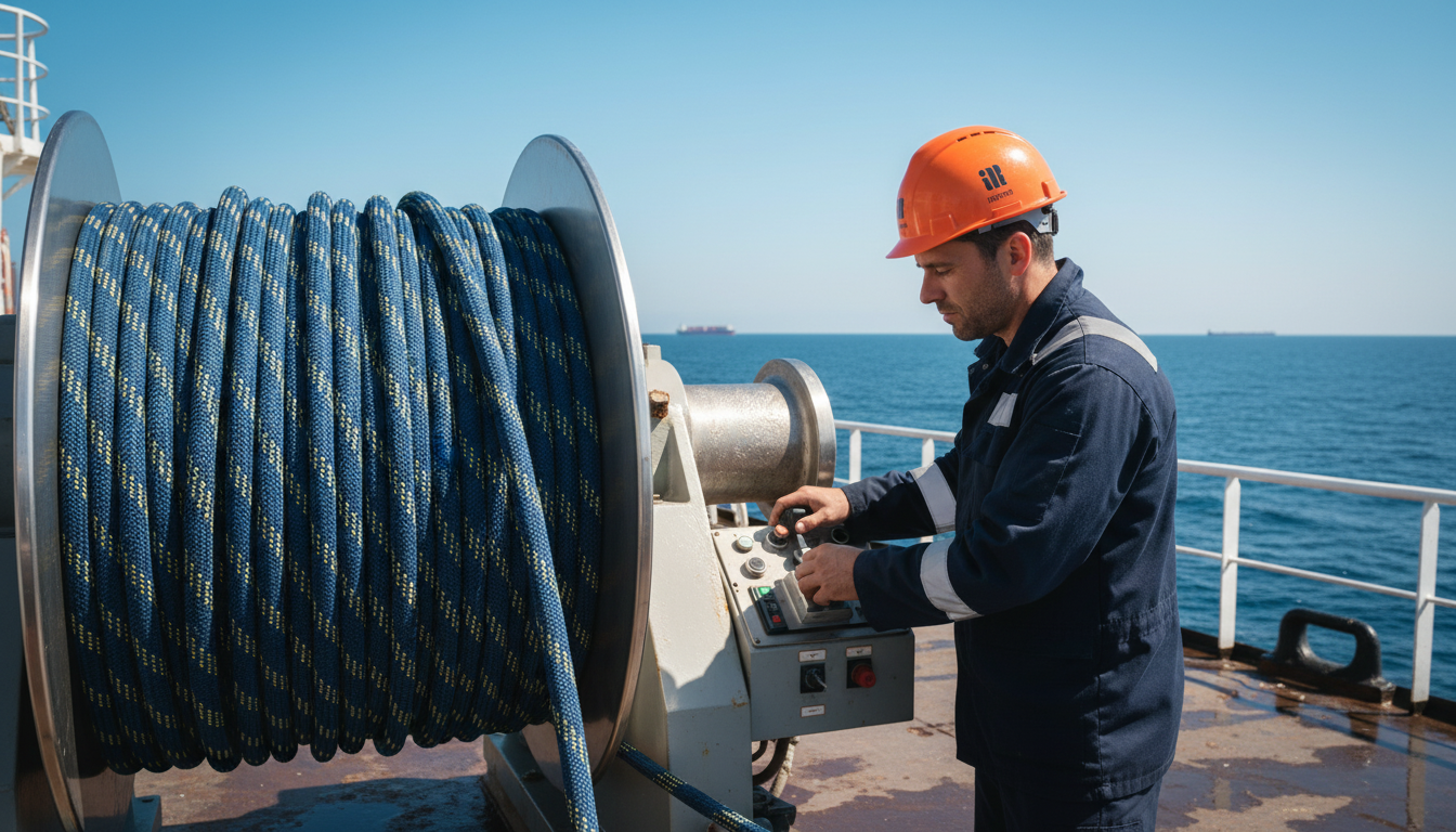 Offshore winch using 10 mm braid‑on‑braid rope on a marine vessel, rope coiled on a stainless steel drum