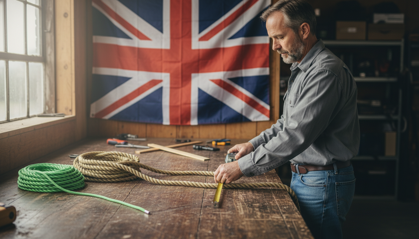Customer measuring a coil of hemp rope on a wooden workbench, holding a tape measure, with UK flag background indicating local purchase