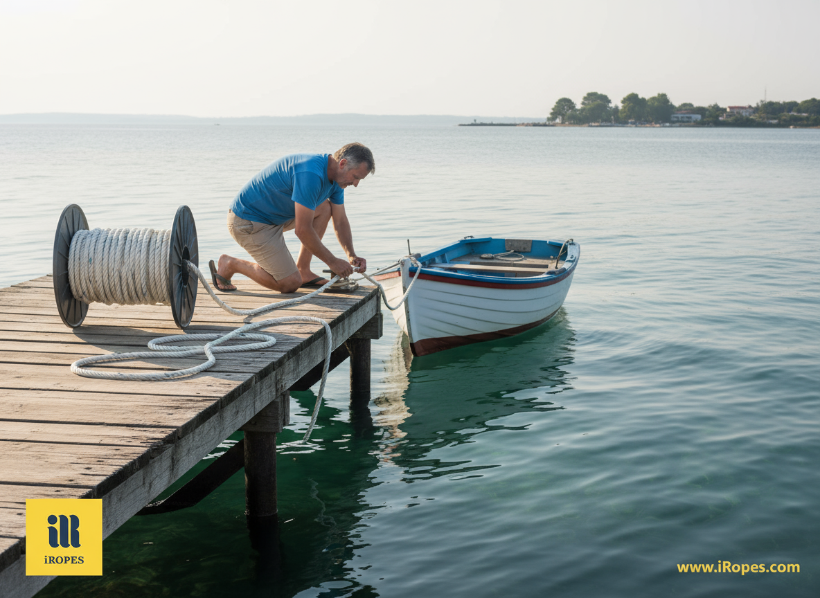 Spool of white polypropylene rope on a dock, showing its bright colour and smooth texture, highlighting floatation and UV‑treated surface