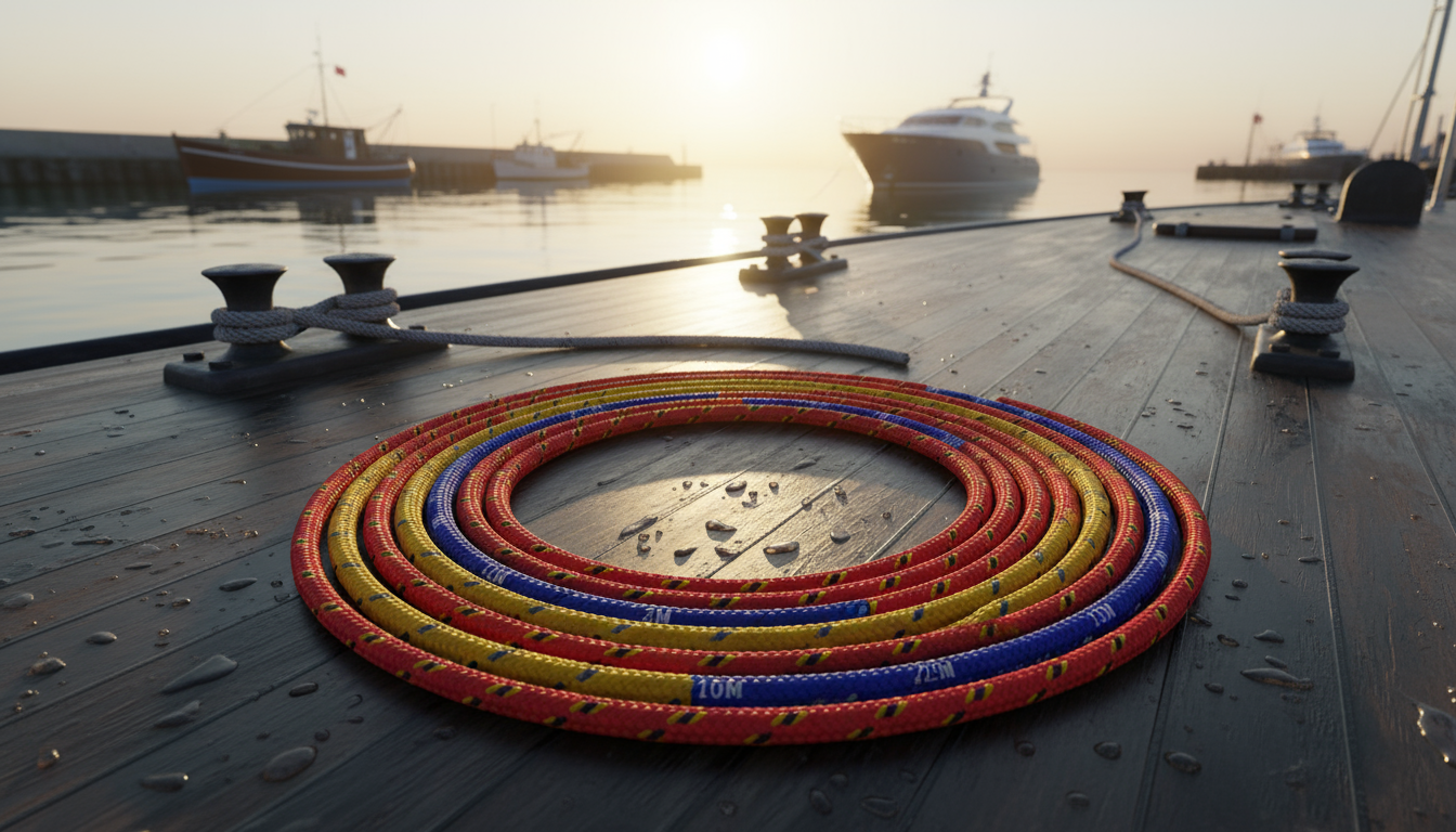 Custom cut double‑braid nylon rope coiled on a ship deck, showing measurement markings and colour coding