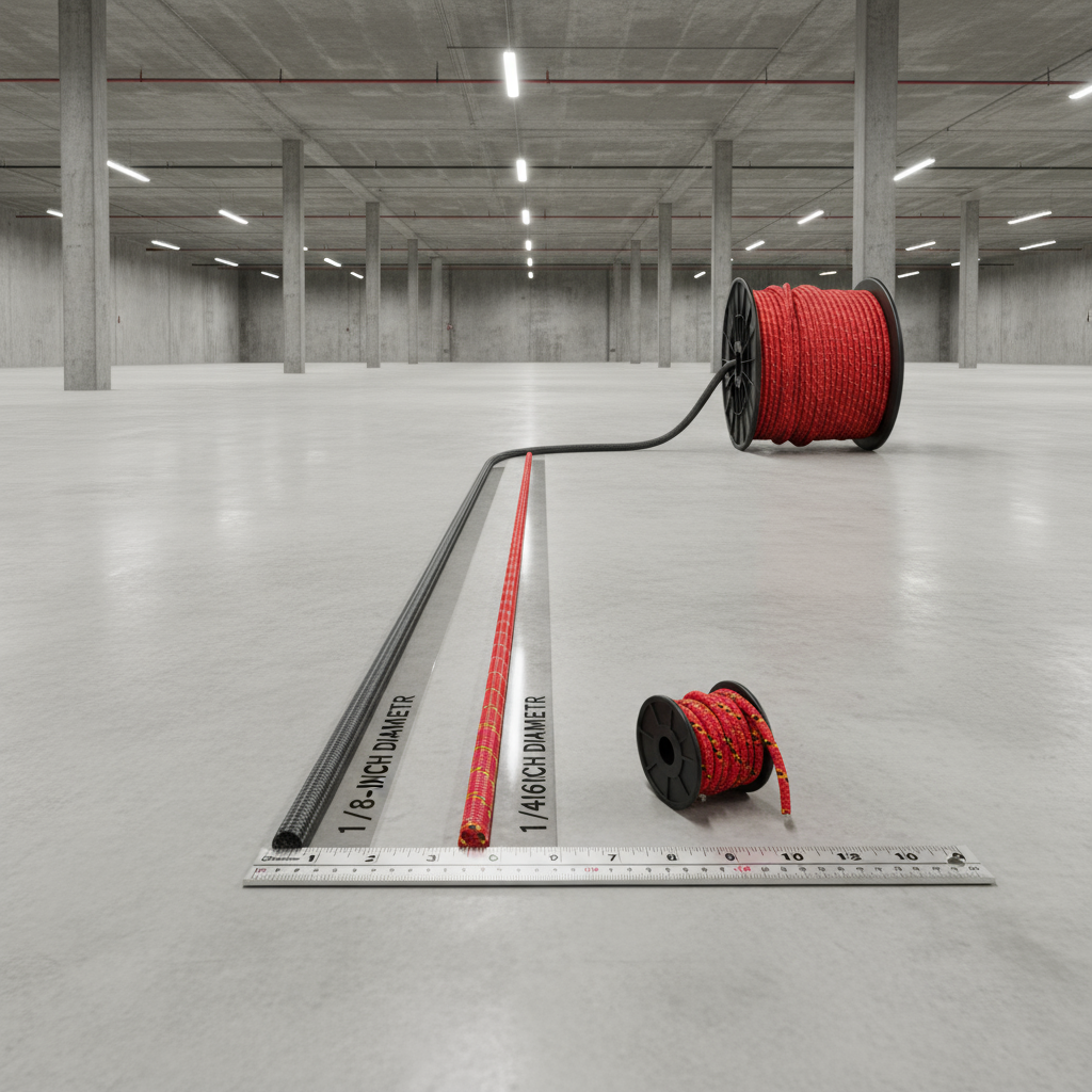 A 1000 ft rope unrolled on a concrete floor, showing three measured sections of 1/8‑inch, 3/16‑inch and 1/4‑inch diameter.
