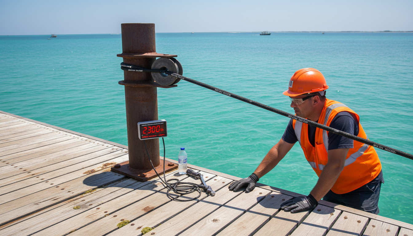Load test of 3/8-inch braided black rope showing 2,300 lb breaking strength on a marine dock