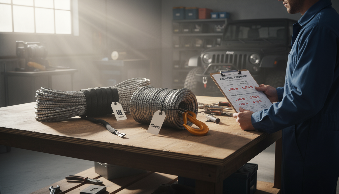 Diagram comparing 5/16 steel and synthetic winch cable breaking strengths and working‑load limits, with numbers 9,900 lb and 12,500 lb highlighted