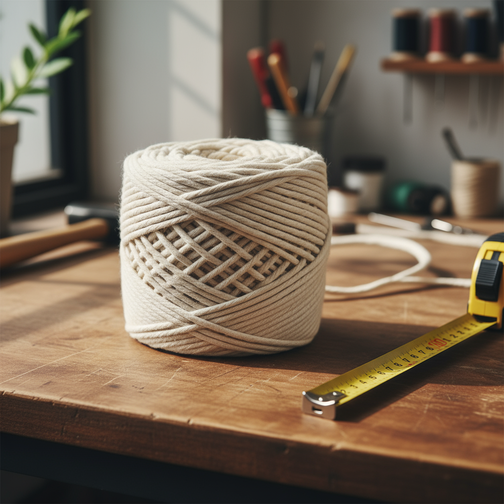 Rolled organic cotton rope by the foot, unbleached natural colour, lying on a wooden table with a measuring tape beside it