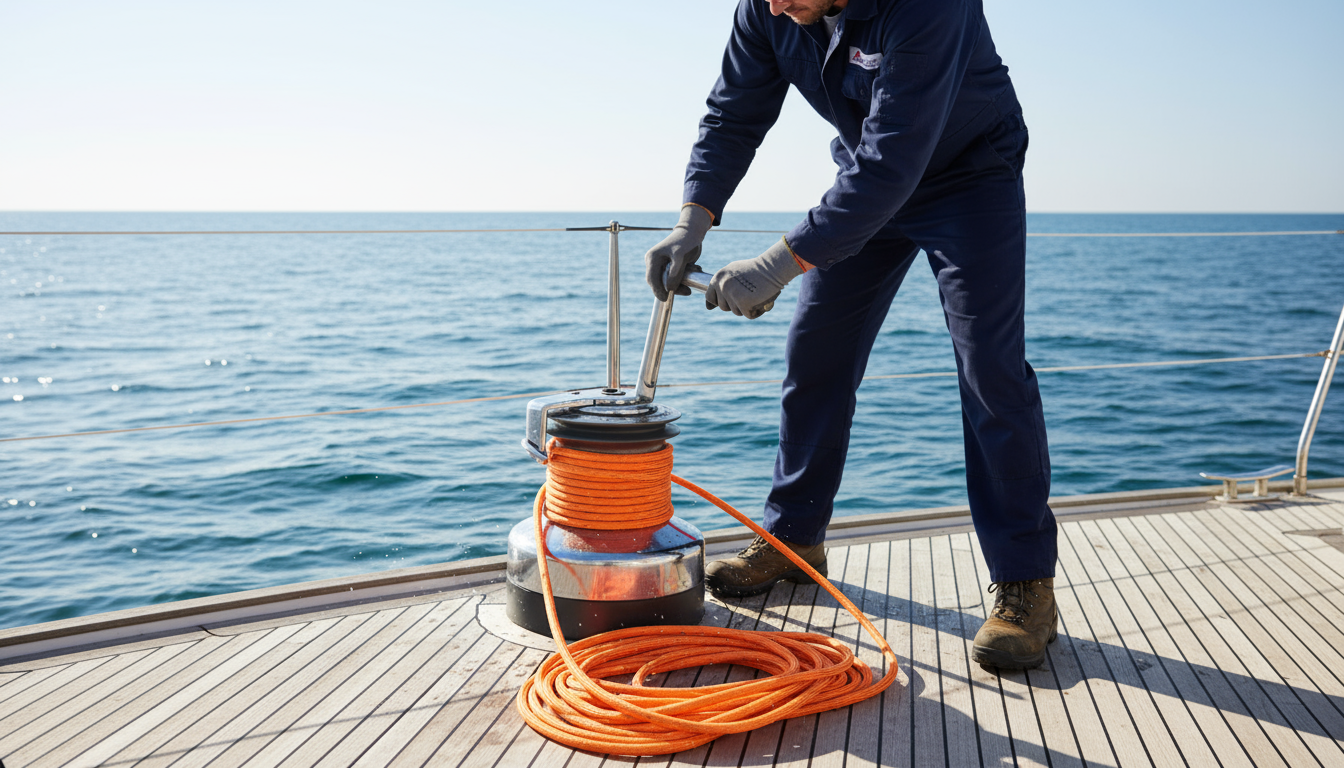 Technician wearing gloves, safety glasses, and steel‑toe boots while tensioning a synthetic winch rope on a boat