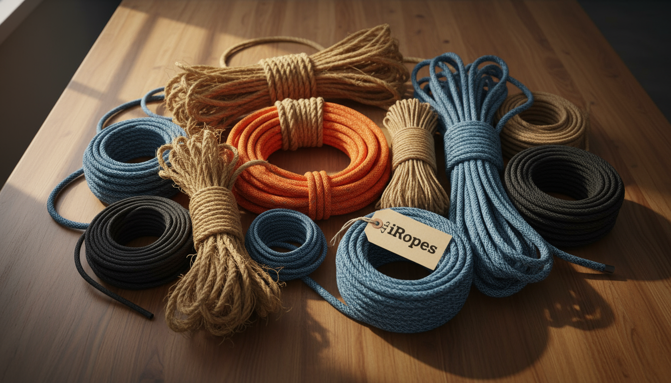 Assortment of natural and synthetic ropes displayed on a wooden table, showing jute, sisal, Dyneema, Kevlar and nylon strands in various colours