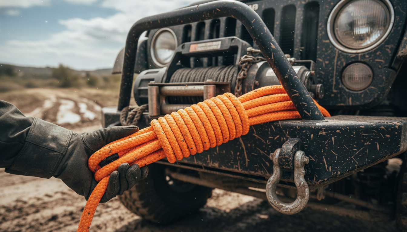 Close‑up of a 3/8‑inch neon orange coloured double‑braid rope used for off‑road recovery