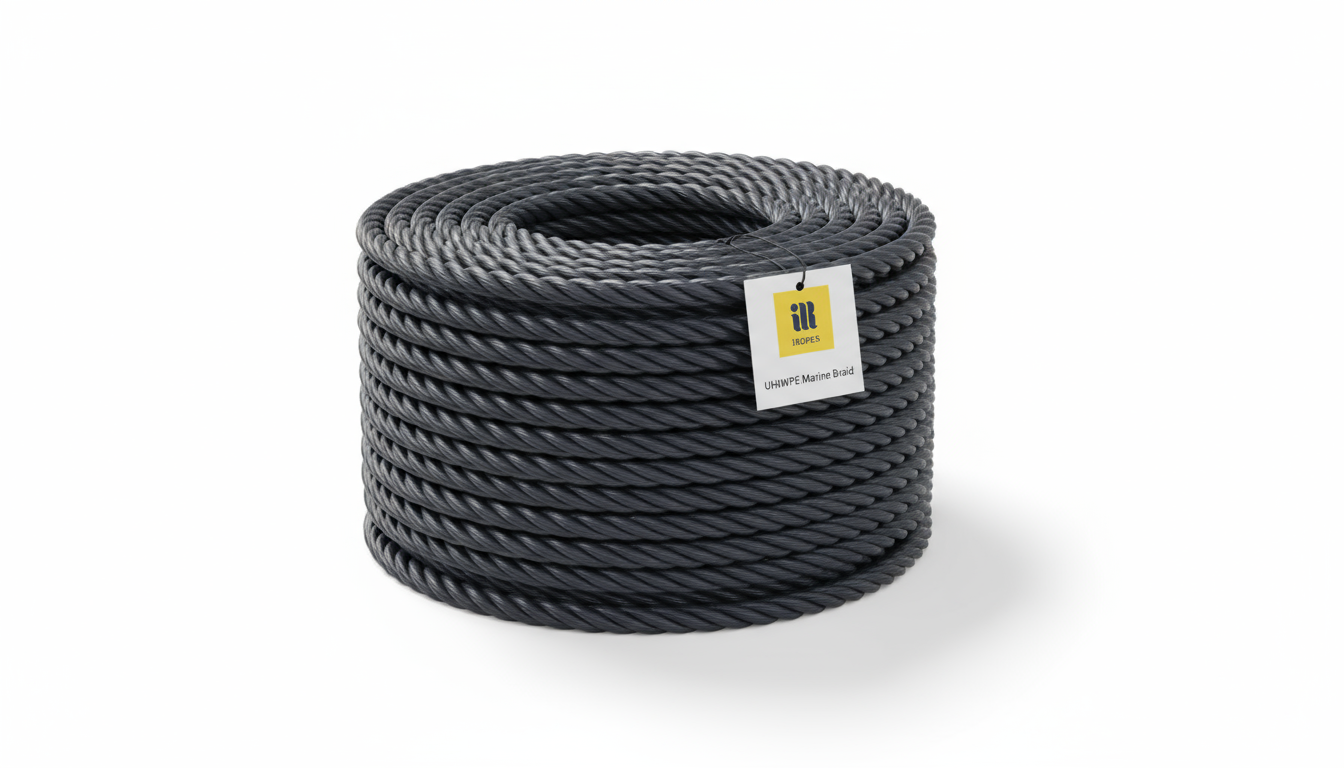 Synthetic hemp rope with UHMWPE fibres, showing glossy dark rope coiled against a white background, highlighting its smooth surface and modern look