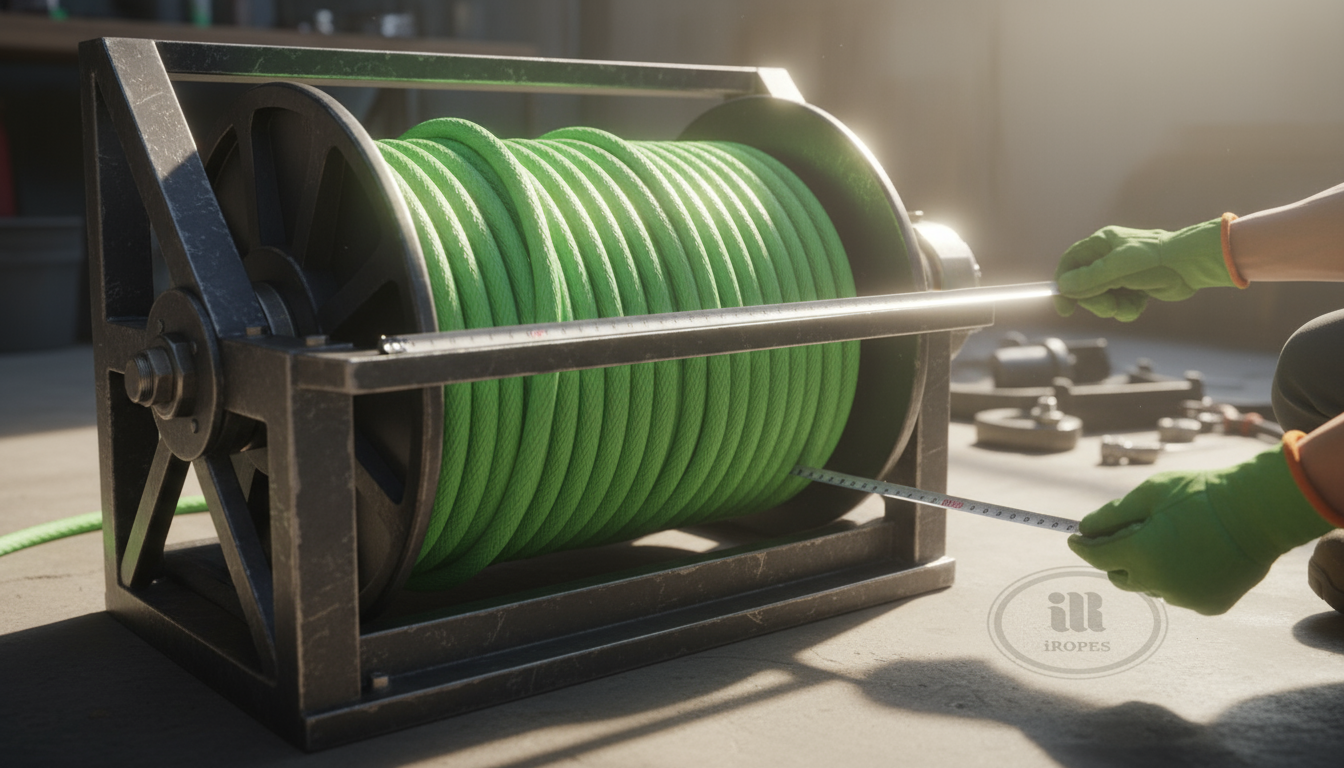 Custom‑coloured green poly rope spooled on a winch drum with a company logo embossed near the end, showcasing branding options and vibrant pigment.