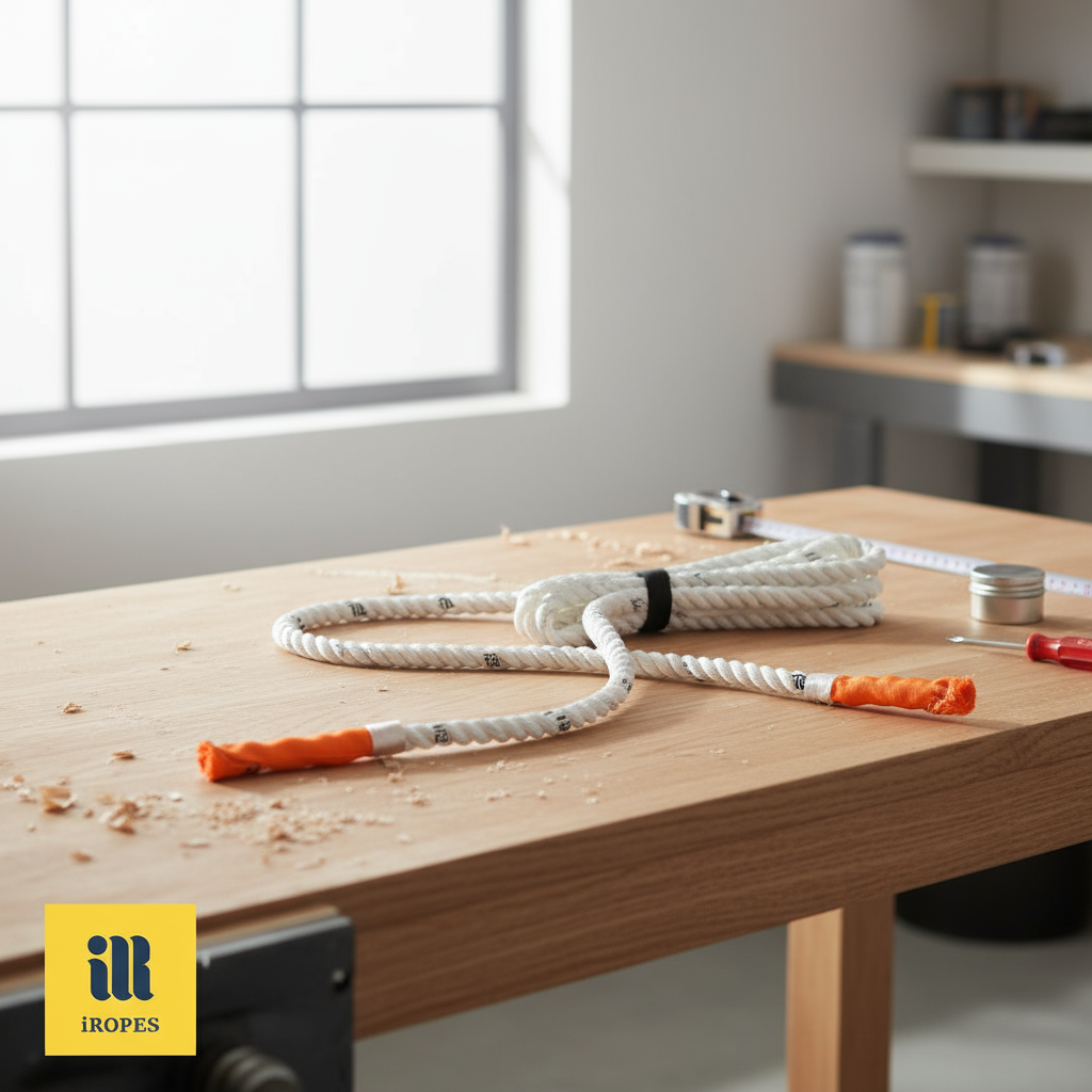 Custom‑branded 10mm white braided rope on a workshop bench, showing logo printed on the sheath and reflective strip along the side