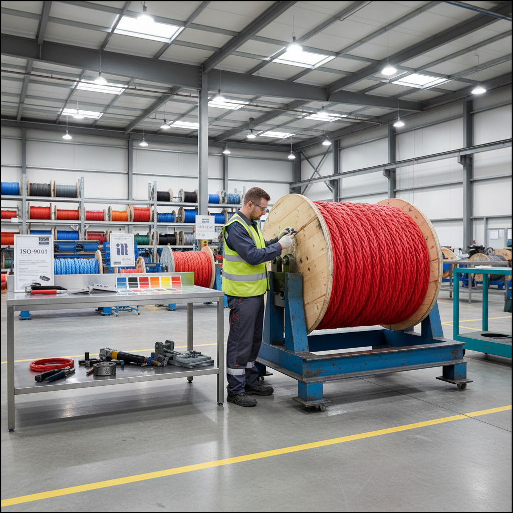 Custom large diameter rope on factory floor with colour swatches and splicing tools