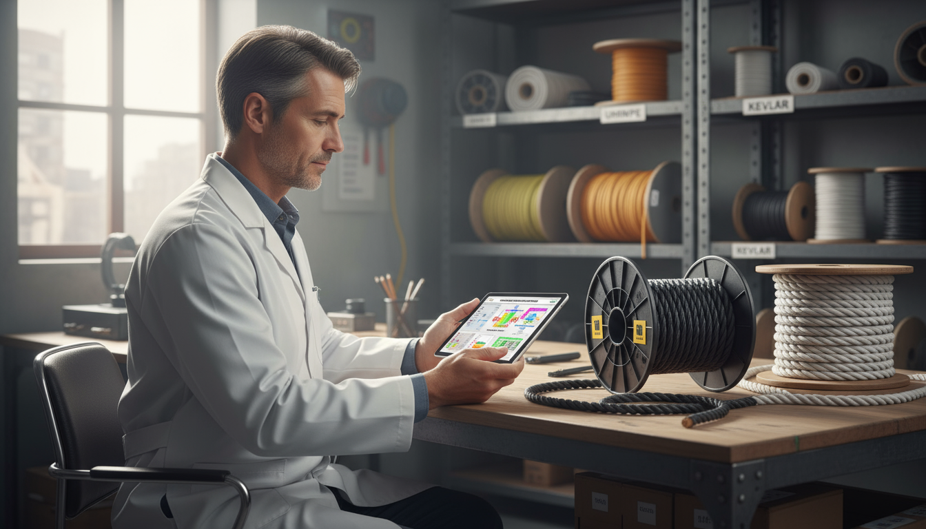 iRopes engineer reviewing custom rope specifications on a tablet beside sample spools of black bungee and white polypropylene ropes
