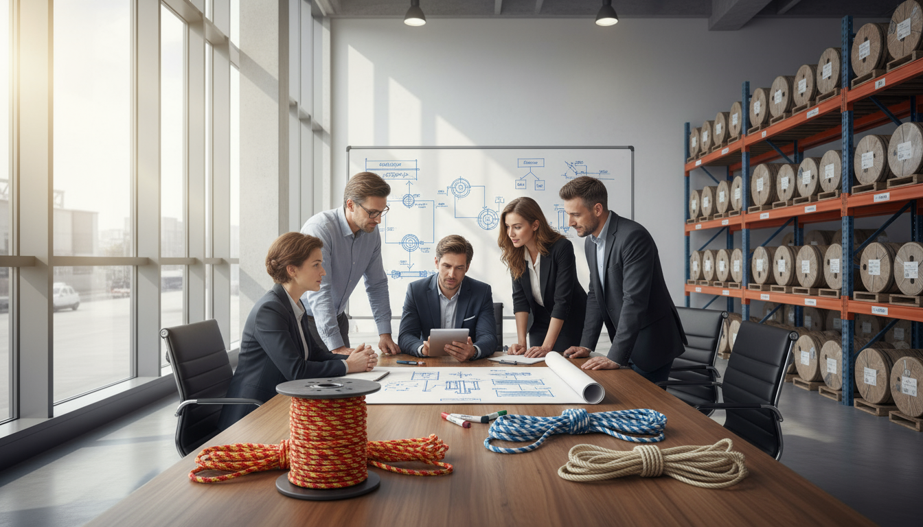 iRopes team reviewing a distributor's custom rope request on a tablet, surrounded by sample spools and technical drawings