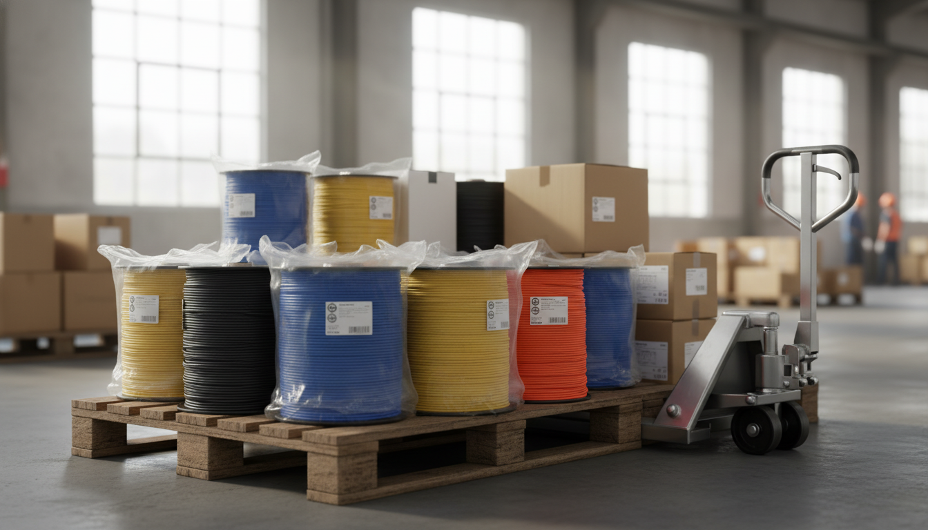 Assortment of polyester line spools on a pallet, showing different diameters, colours and packaging options for bulk orders