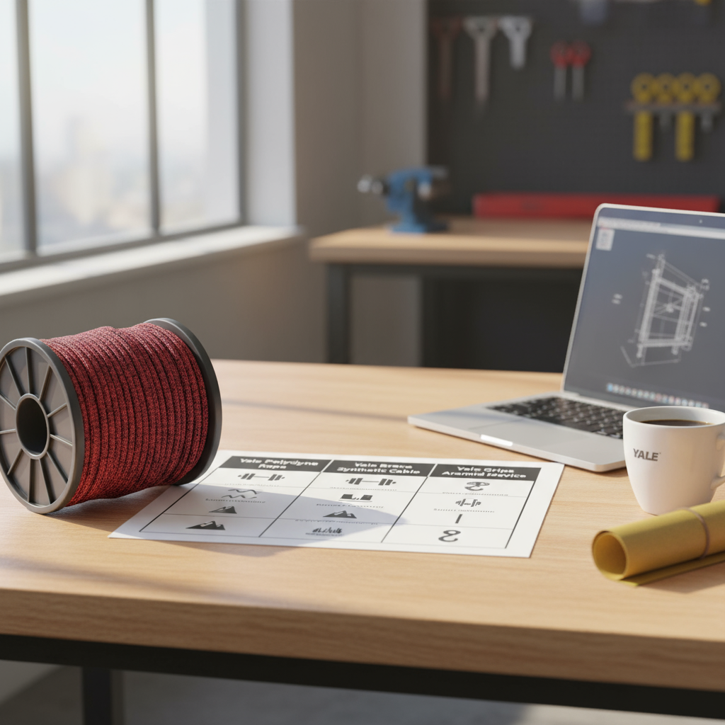 Selection chart displaying Yale Polydyne rope, Yale Brace synthetic cable, and Yale Grips aramid device with load, stretch, and environment icons