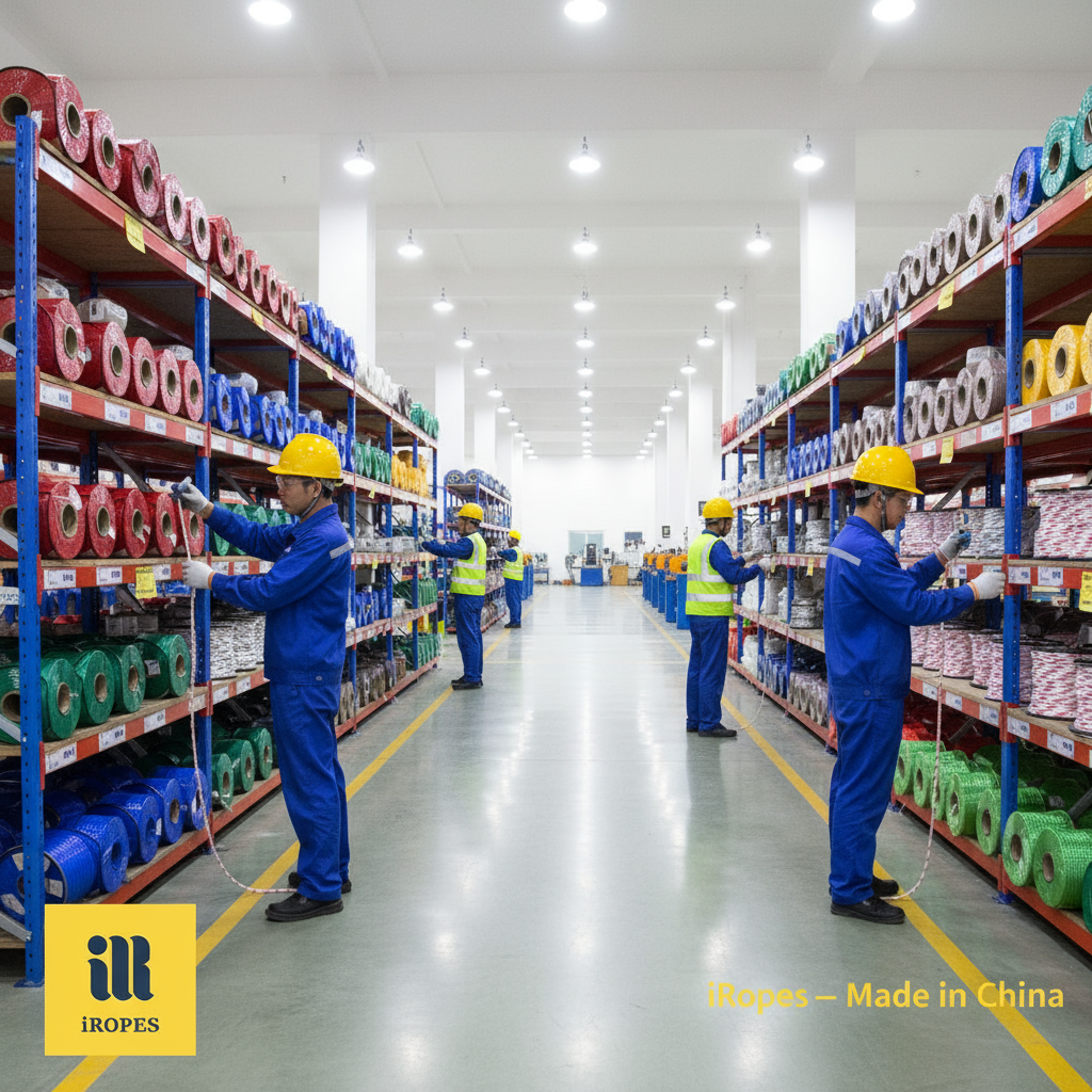 iRopes manufacturing floor in China showing rows of synthetic rope spools, workers inspecting fibres, bright industrial lighting