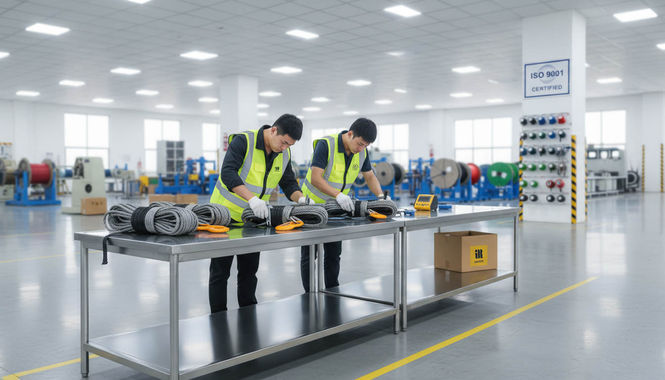 iRopes factory floor showing quality control station where technicians inspect UHMWPE winch rope batches