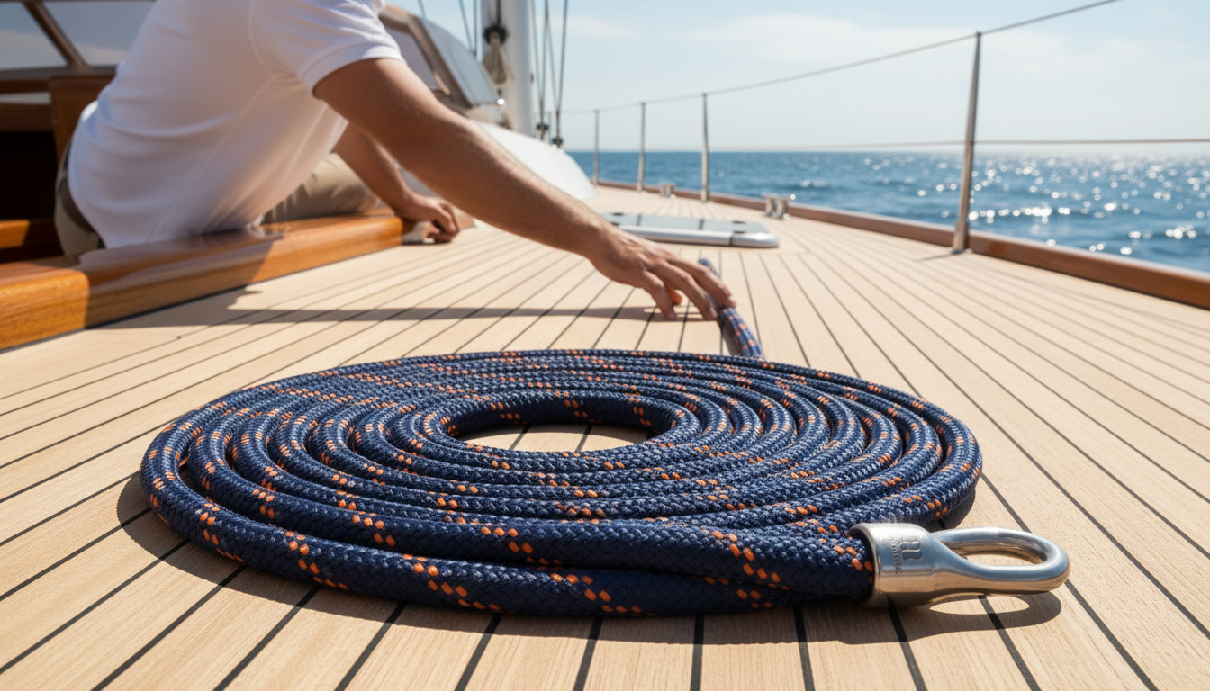 Custom‑finished 16 mm rope coiled on a yacht deck, navy base colour with reflective orange stripes, eye splice and branded thimble attached