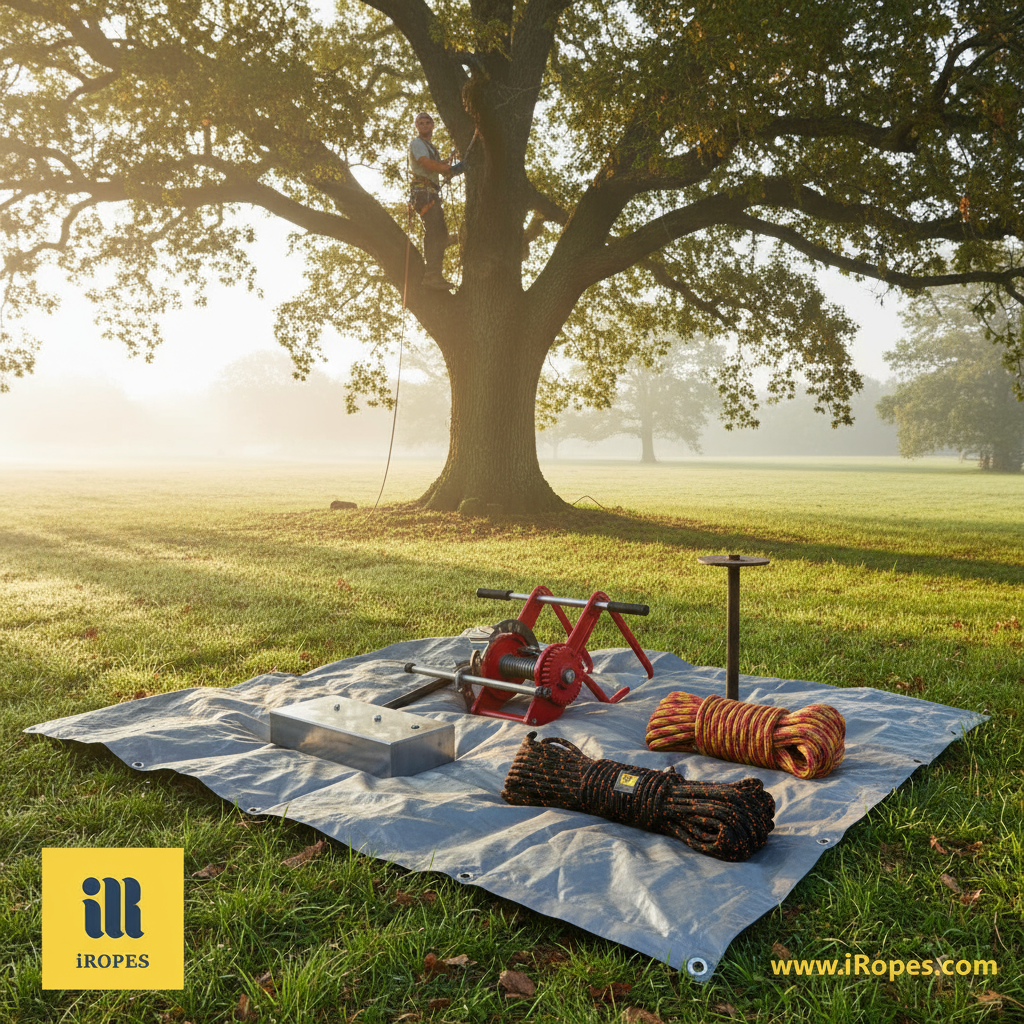 Selection of essential tree‑pulling accessories laid out on a tarp, including a steel block, come‑along, anchor stake and high‑visibility orange rope