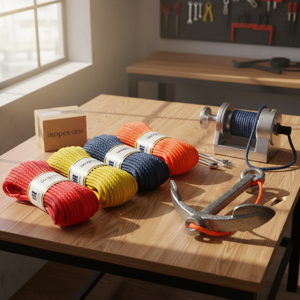 A selection of custom‑coloured 10mm ropes rolled beside iRopes branding, illustrating OEM options for winch and anchor applications