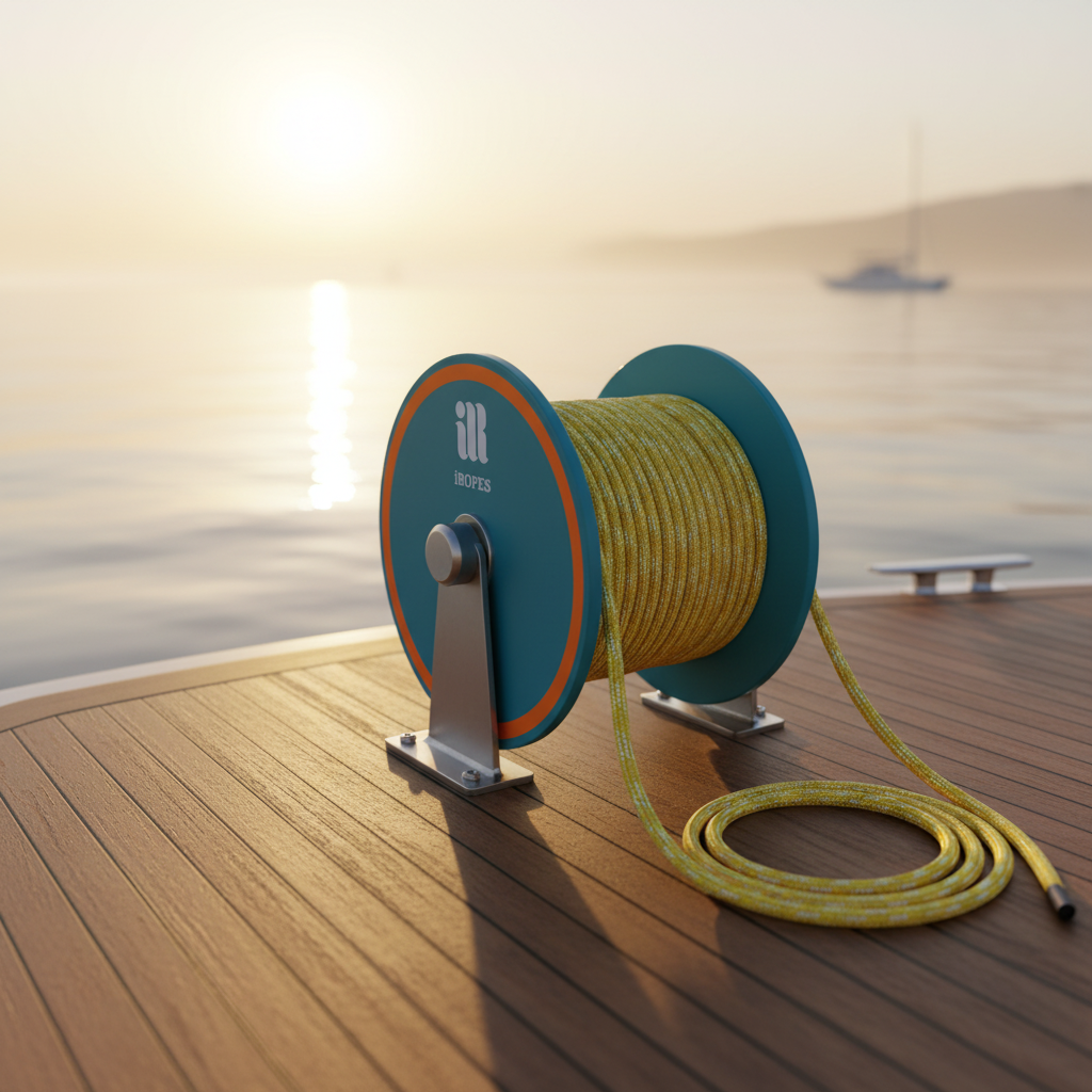 Custom‑coloured 2‑inch boat rope reel on deck, showing branding and reflective strip against sunrise