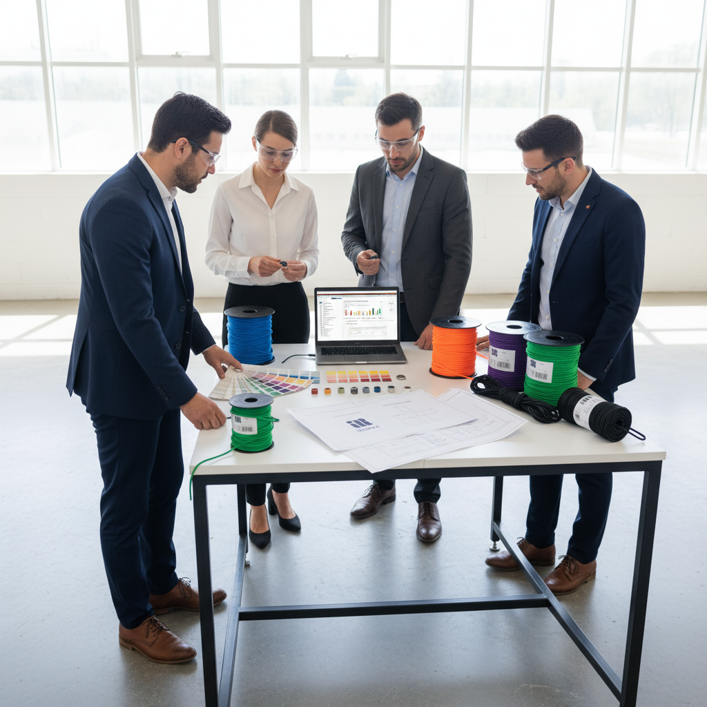 Engineers at iRopes reviewing colour swatches and core samples beside spooled nylon rope of various diameters, highlighting the customisation process