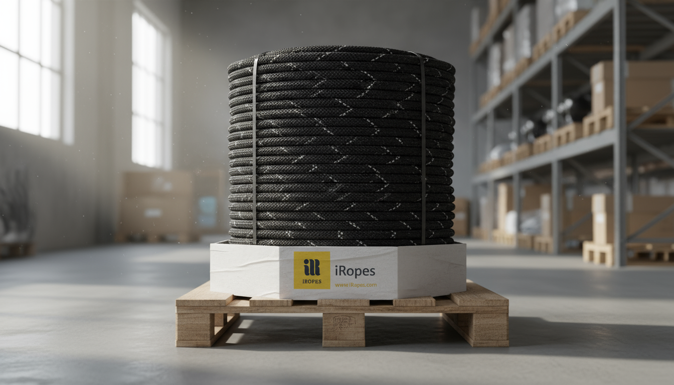 Custom black boat rope wound on a pallet, showing reflective strips and a printed logo on the packaging