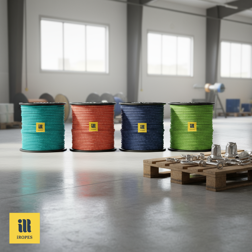 Custom‑coloured marine rope spooled with iRopes branding on a warehouse floor, showing vibrant colour options and metal thimble accessories
