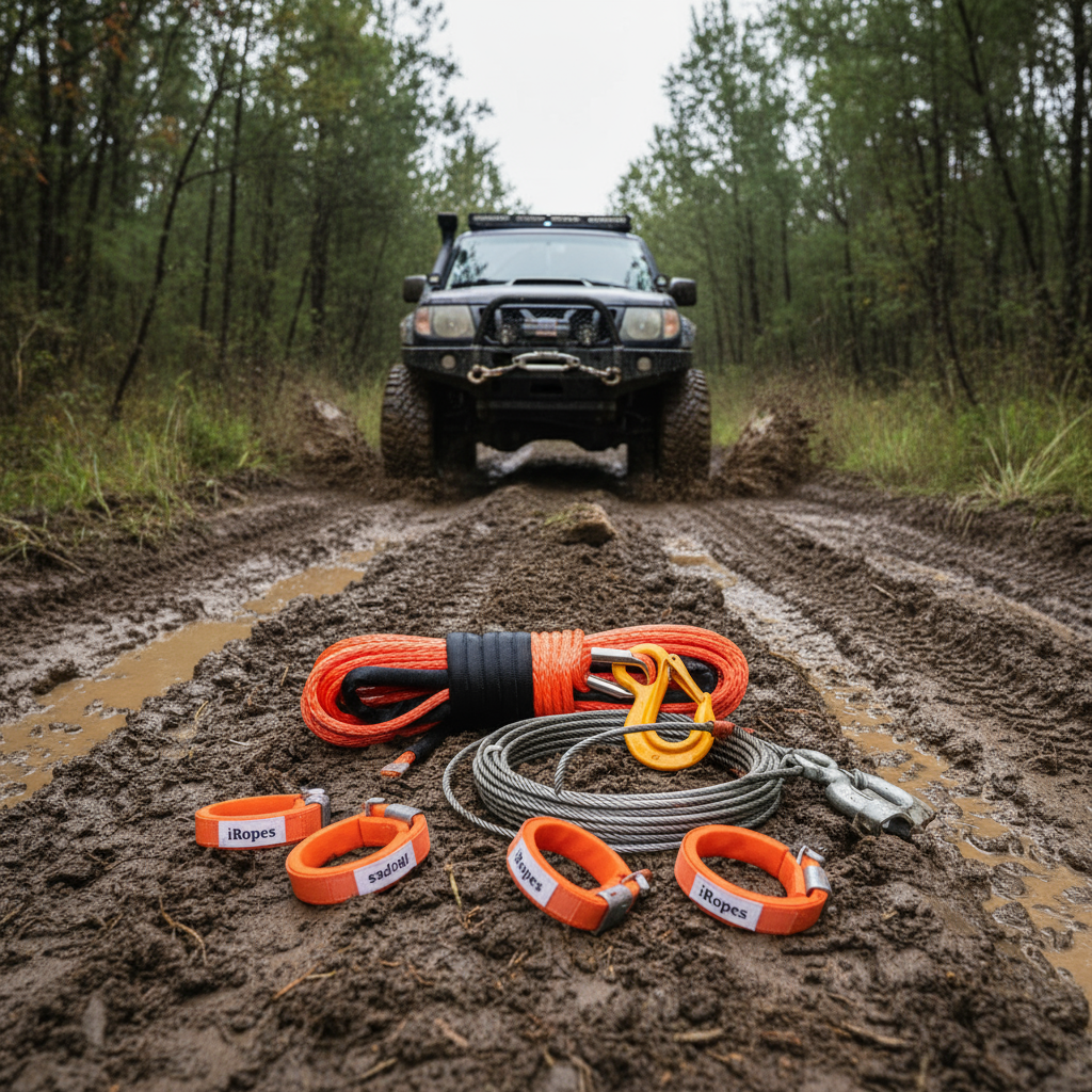 Off‑road recovery kit on a muddy trail showing kinetic rope, steel winch line and bright orange soft shackles, with a rugged 4×4 in the background