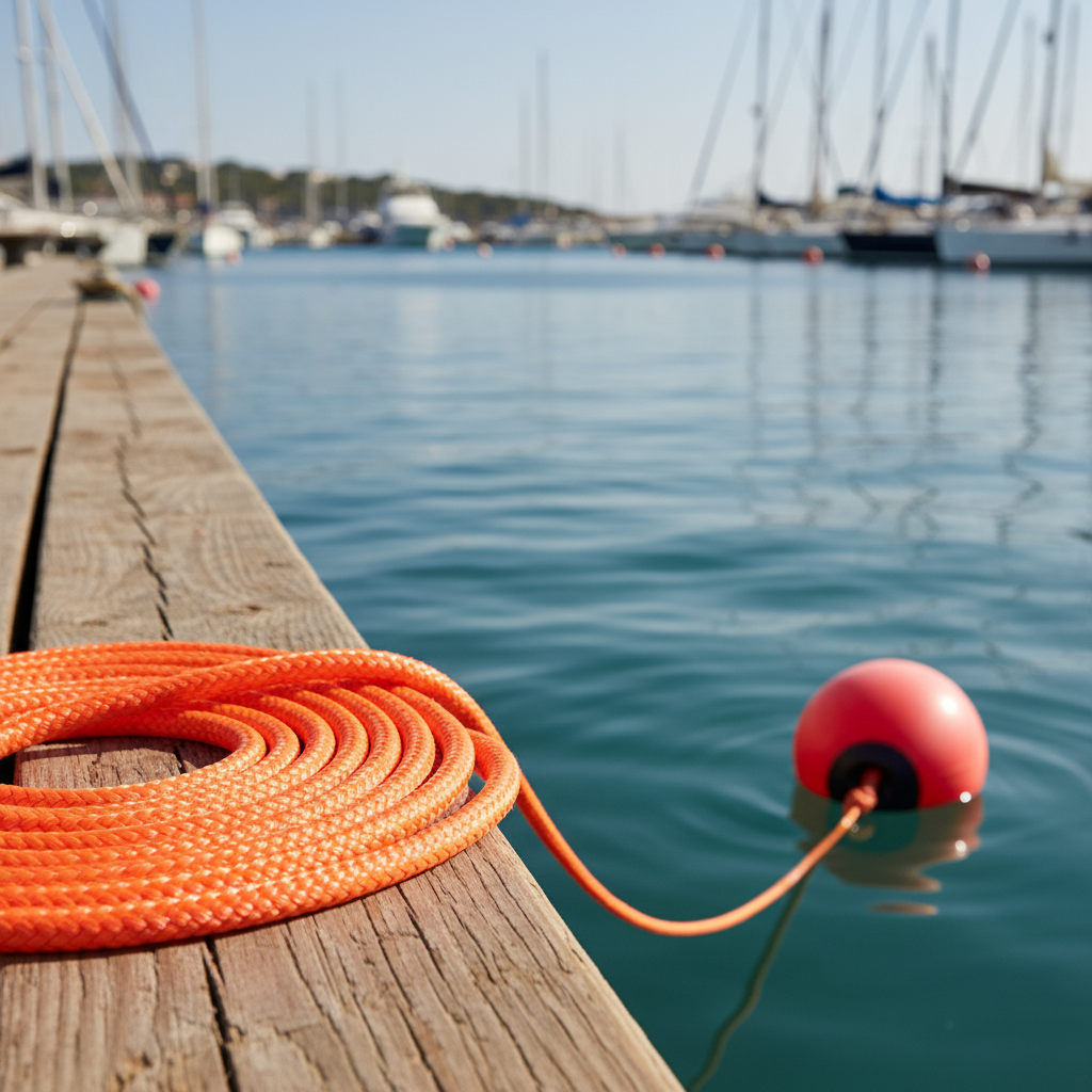 客製化製造的聚丙烯浮標線，採亮橙色與 UV 穩定劑，捲繞於海事浮標旁
