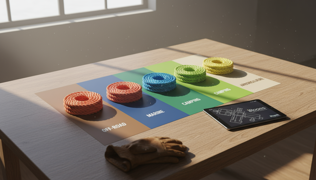 Colour‑coded matrix showing off‑road, marine, camping and arboriculture sectors matched with natural braided hemp rope or synthetic hemp rope options