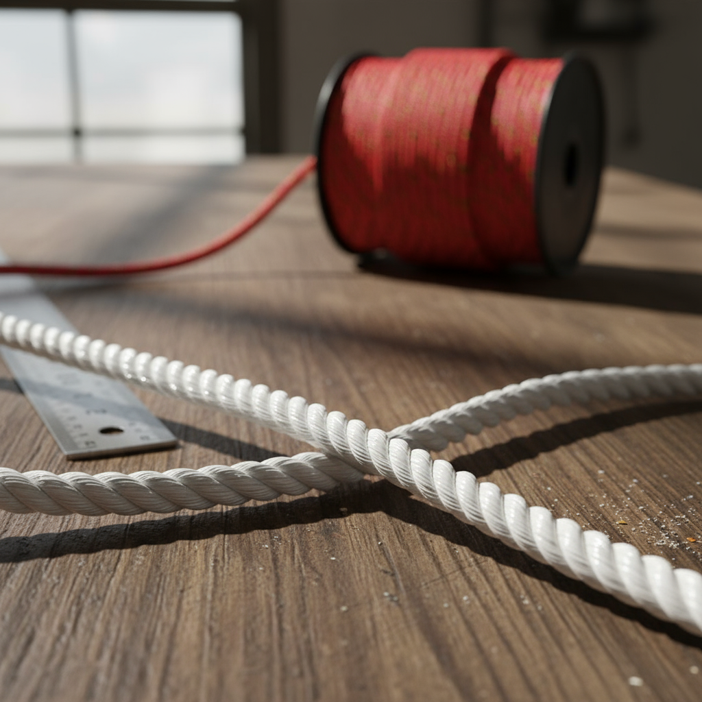 Close-up of 3‑strand twisted polyester twined rope showing three plaited strands
